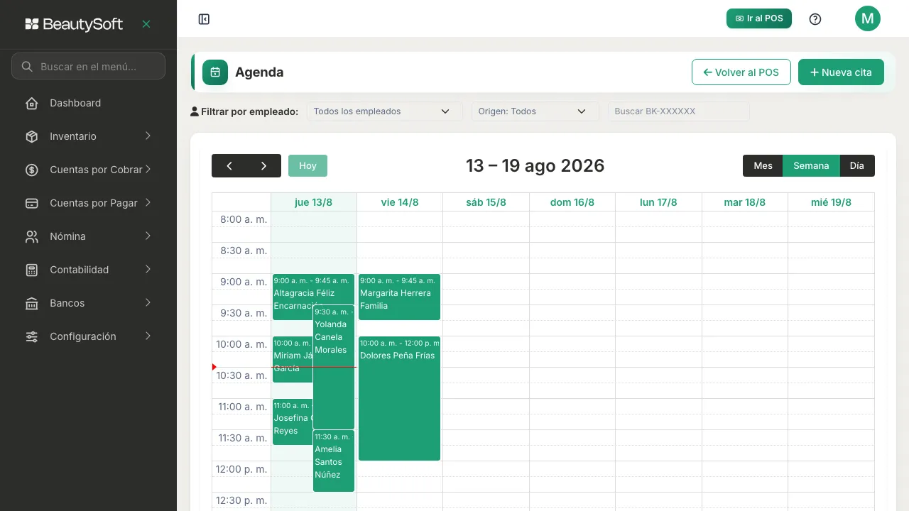 Vista semanal de la agenda de BeautySoft con las citas del día marcadas en verde y el botón Nueva cita