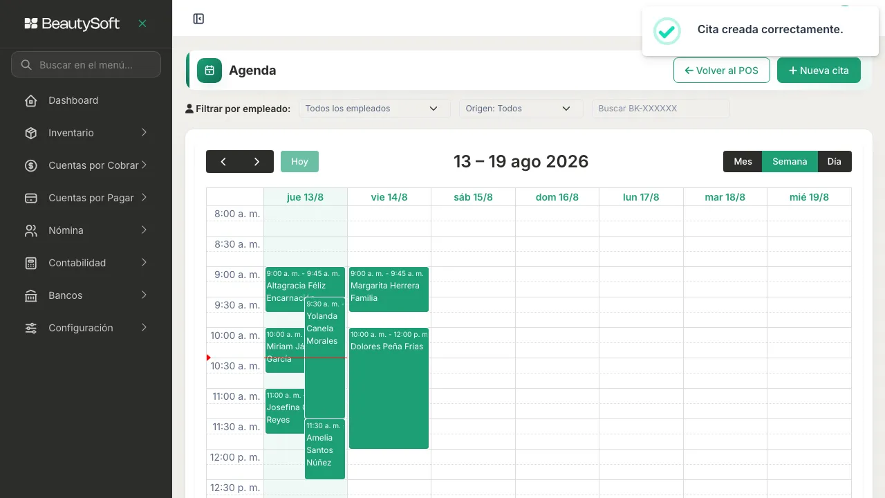 Agenda semanal con el aviso Cita creada correctamente y la nueva cita ya en el calendario
