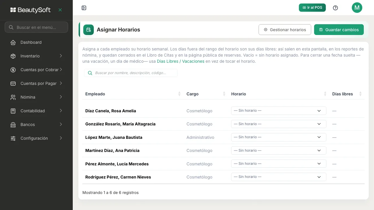 Pantalla de Asignar Horarios con la tabla de empleados, su cargo, el menú de horario y la columna de días libres