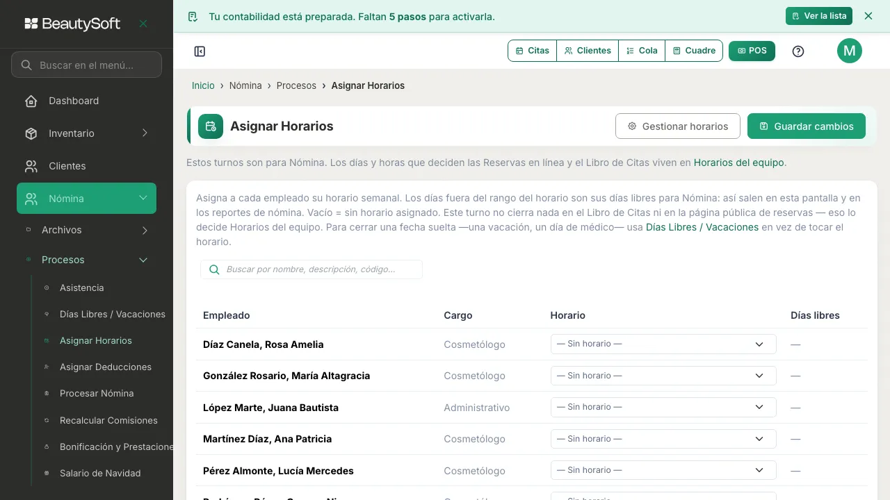 Pantalla de Asignar Horarios con la tabla de empleados, su cargo, el menú de horario y la columna de días libres