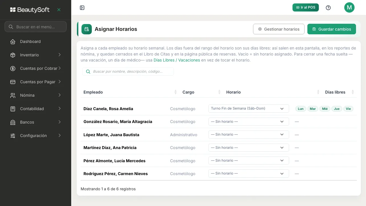 Fila de un empleado con un horario recién asignado y los días libres calculados automáticamente en chips