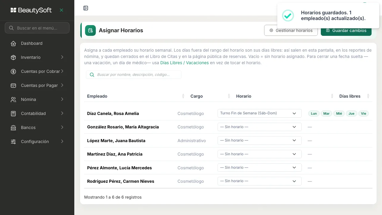 Botón Guardar cambios pulsado con el mensaje de confirmación de los horarios guardados