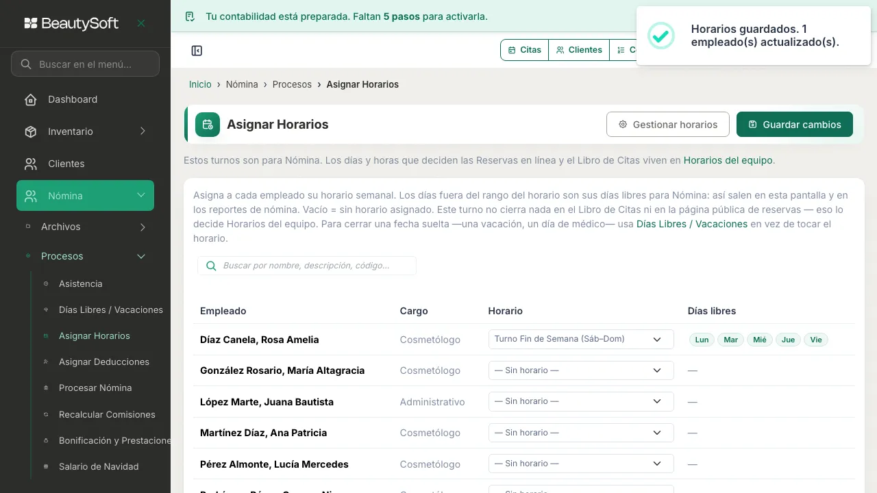 Botón Guardar cambios pulsado con el mensaje de confirmación de los horarios guardados