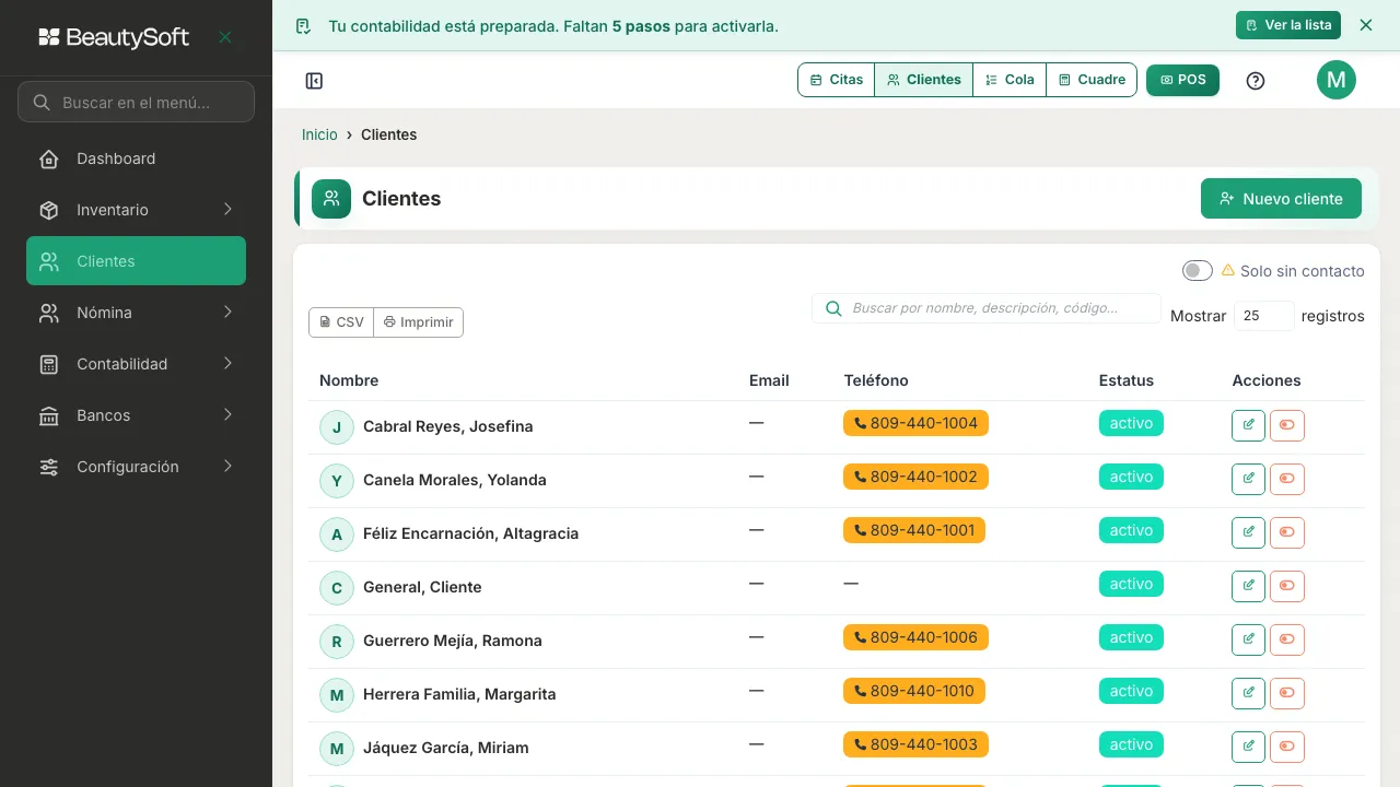 Lista de clientes de BeautySoft con el botón Nuevo cliente arriba a la derecha