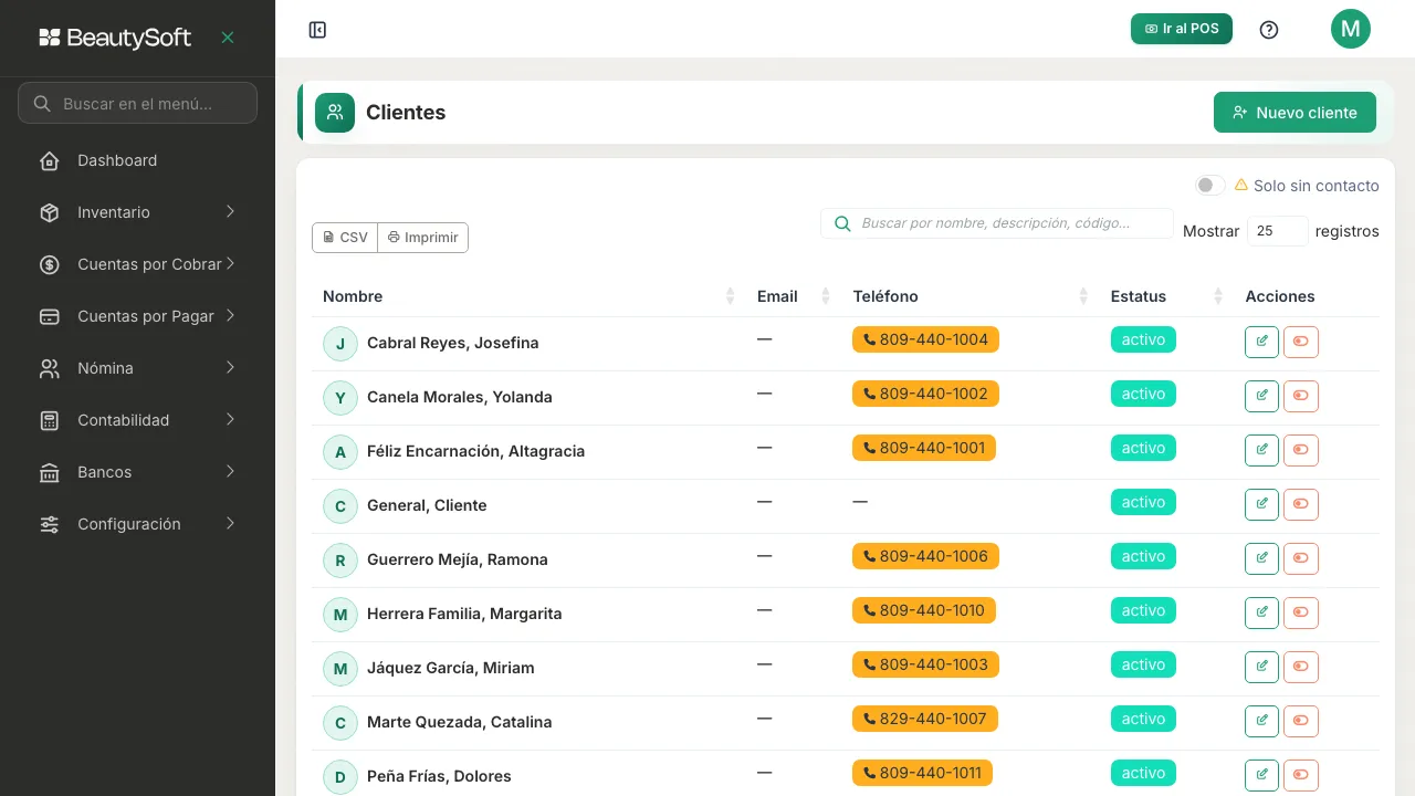 Lista de clientes de BeautySoft con el botón Nuevo cliente arriba a la derecha