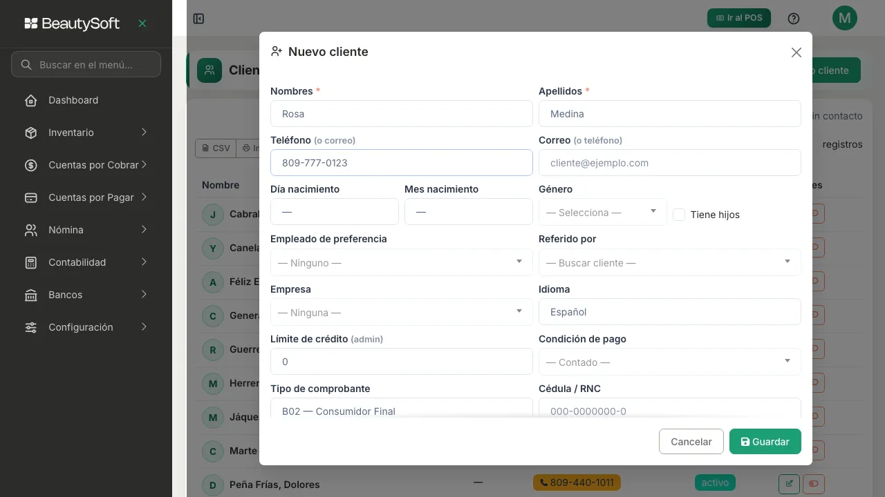 Formulario de cliente nuevo lleno con nombre, apellido y teléfono