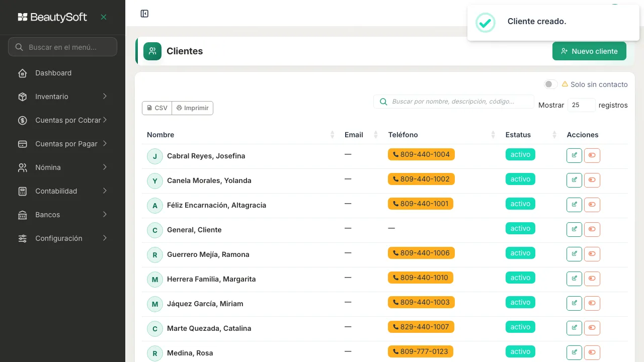 Lista de clientes con el aviso Cliente creado y el nuevo cliente ya en la lista