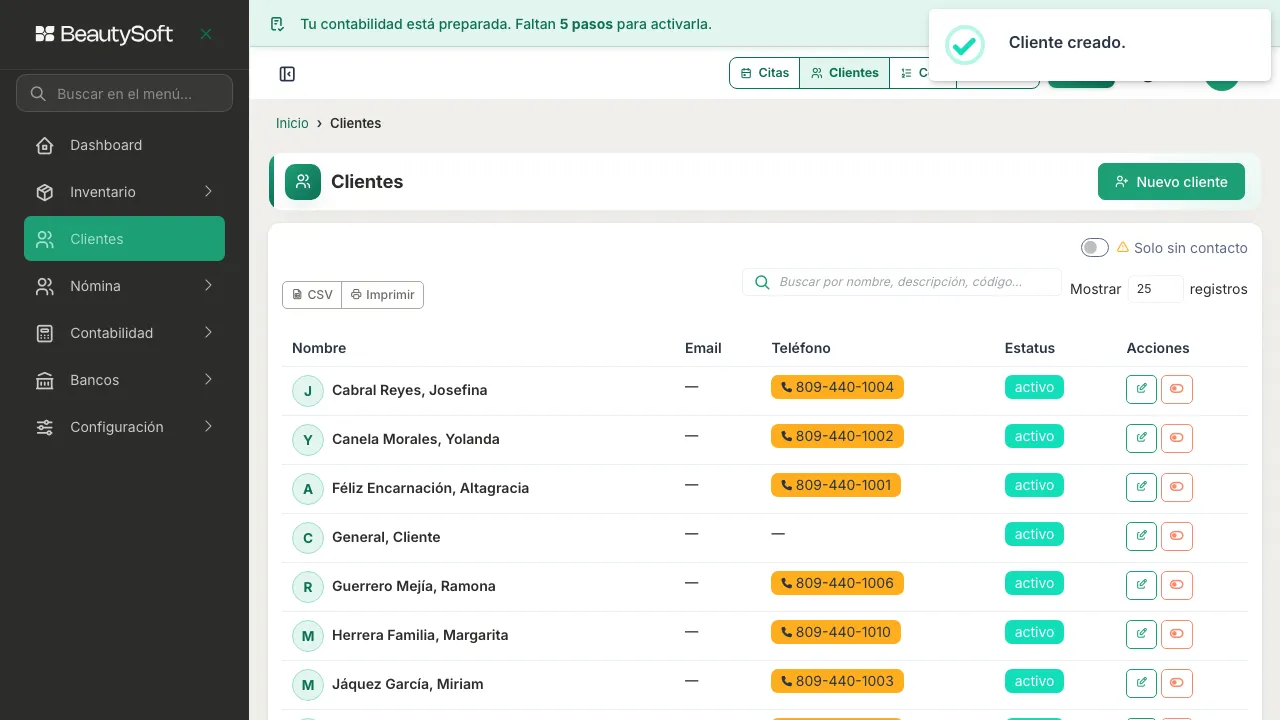 Lista de clientes con el aviso Cliente creado y el nuevo cliente ya en la lista