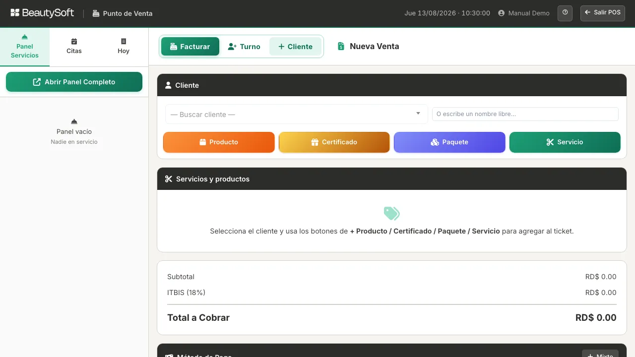 Pantalla de Punto de Venta con una venta nueva vacía, el buscador de cliente y los botones Producto, Certificado, Paquete y Servicio