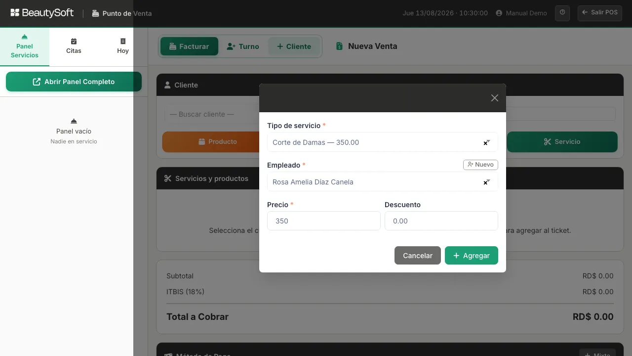 Ventana para agregar un servicio a la venta, con el tipo de servicio, el empleado, el precio y el descuento