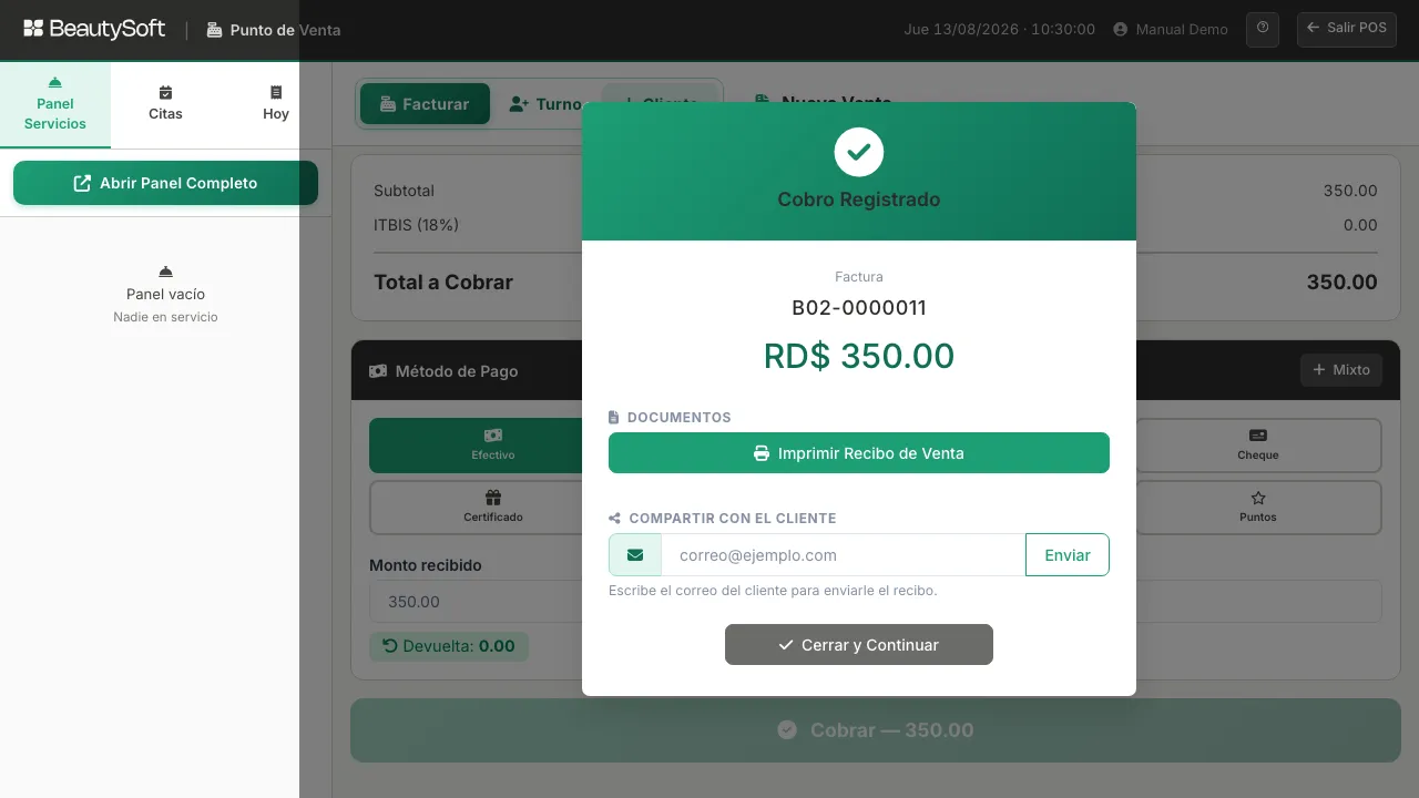 Ventana de cobro registrado con el número de factura, el monto cobrado y los botones para imprimir o enviar el recibo por correo