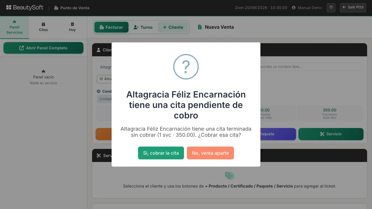 Aviso del Punto de Venta al escoger una clienta: tiene una cita terminada sin cobrar, con los botones Sí, cobrar la cita y No, venta aparte