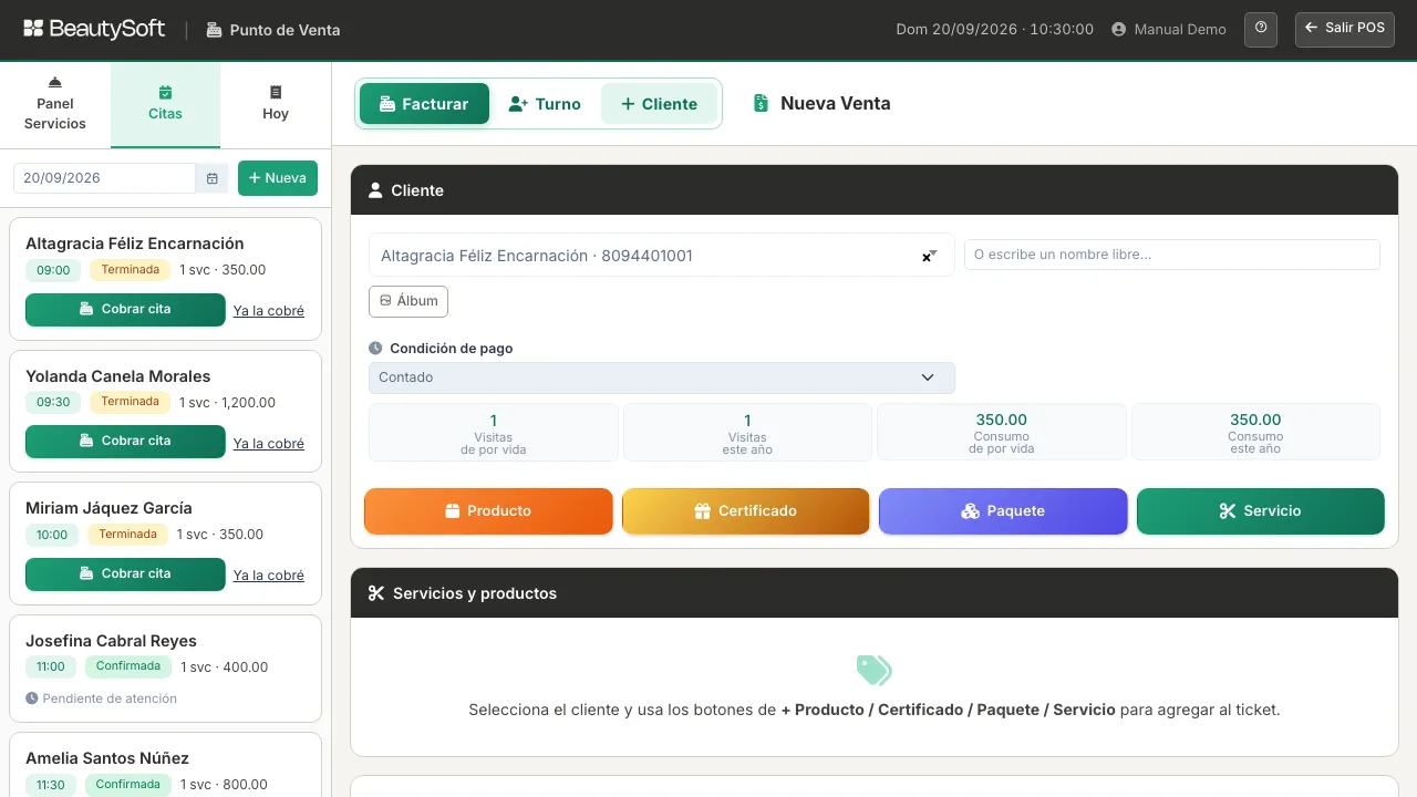 Pestaña Citas del Punto de Venta con la tarjeta de una cita terminada: el botón Cobrar cita y al lado el enlace Ya la cobré