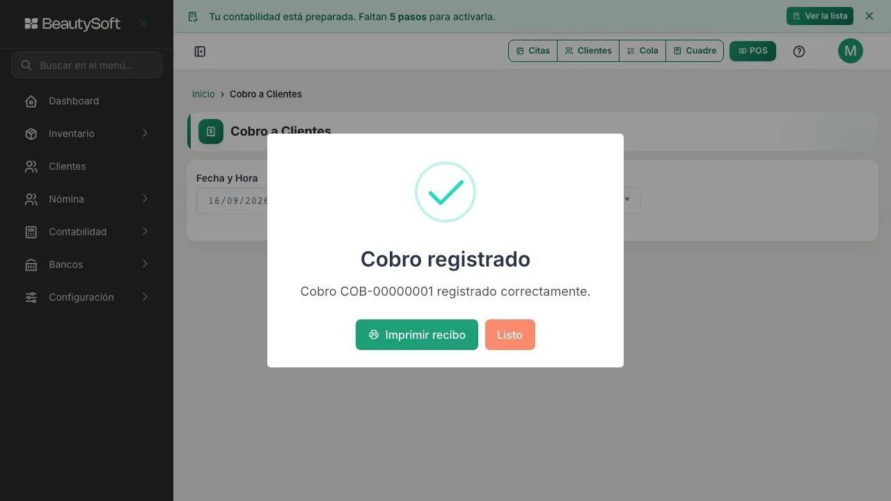 Aviso de cobro registrado con su número y el botón para imprimir el recibo
