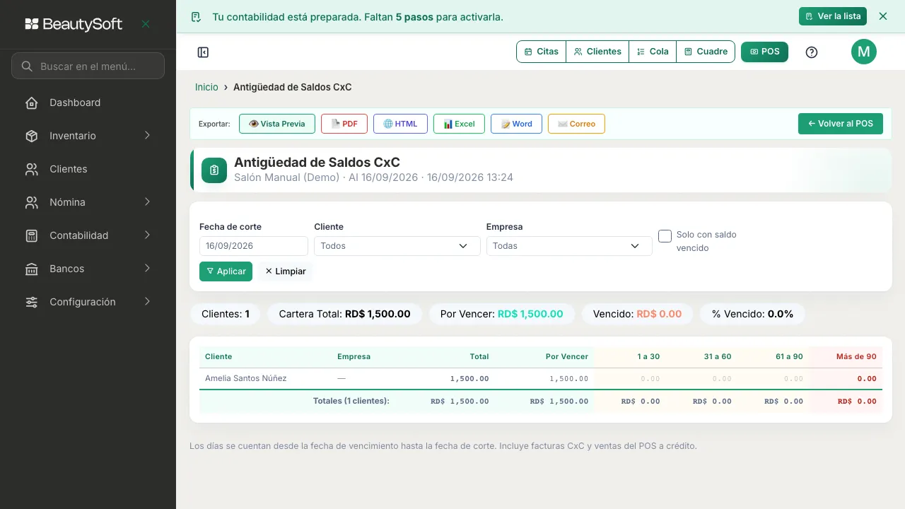 Reporte Antigüedad de Saldos con las columnas por tramo de días y los totales de cartera arriba