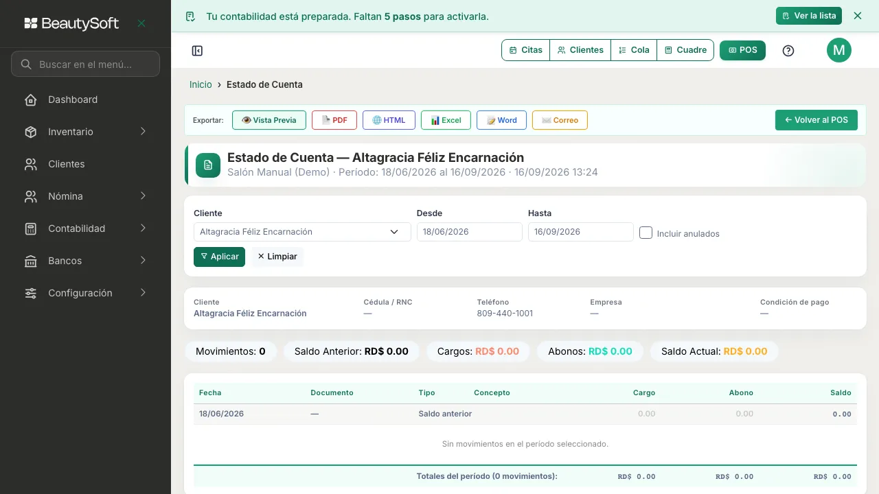 Reporte Estado de Cuenta de un cliente con sus facturas y sus cobros