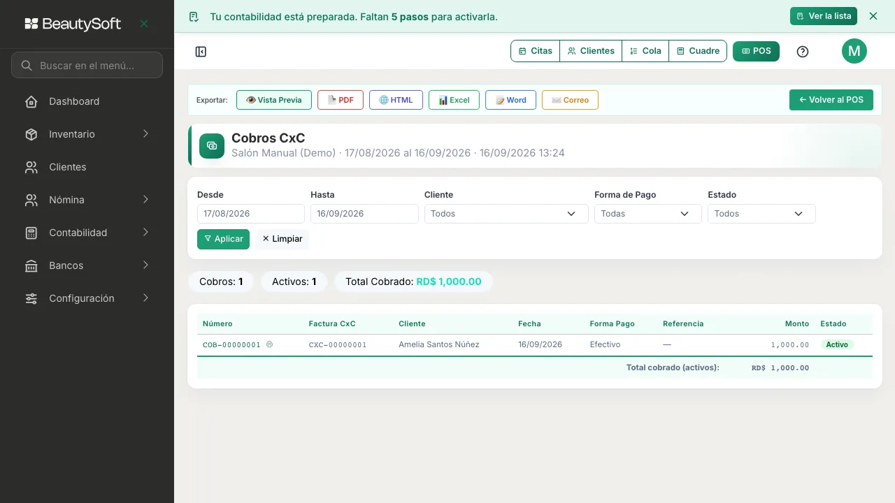 Reporte de Cobros con el filtro de fechas y el listado de cobros recibidos