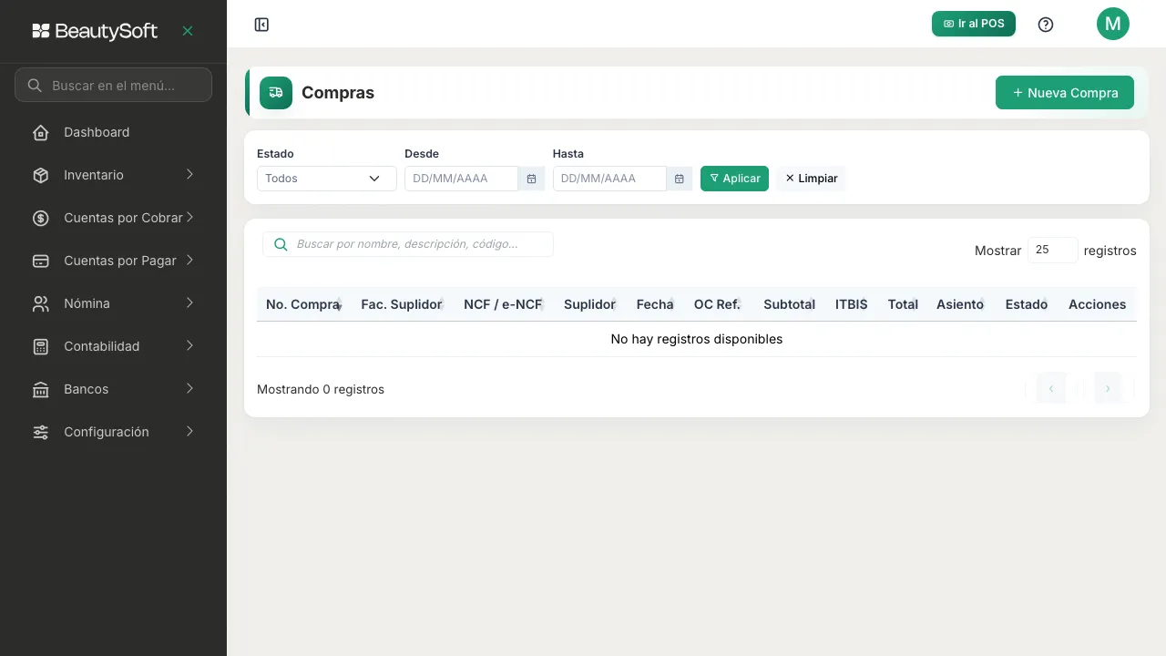 Pantalla de Compras con los filtros de estado y fecha y el botón Nueva Compra