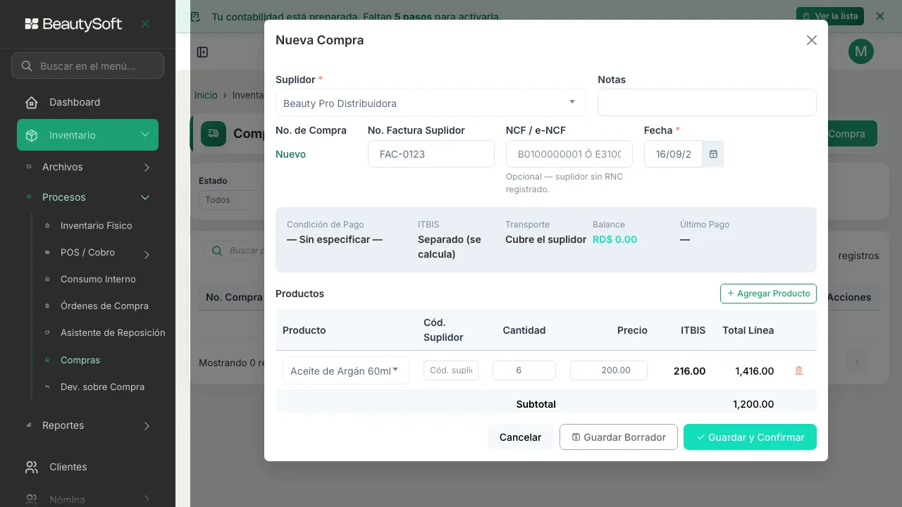 Compra con un producto agregado, su cantidad y su costo, y los totales calculados abajo