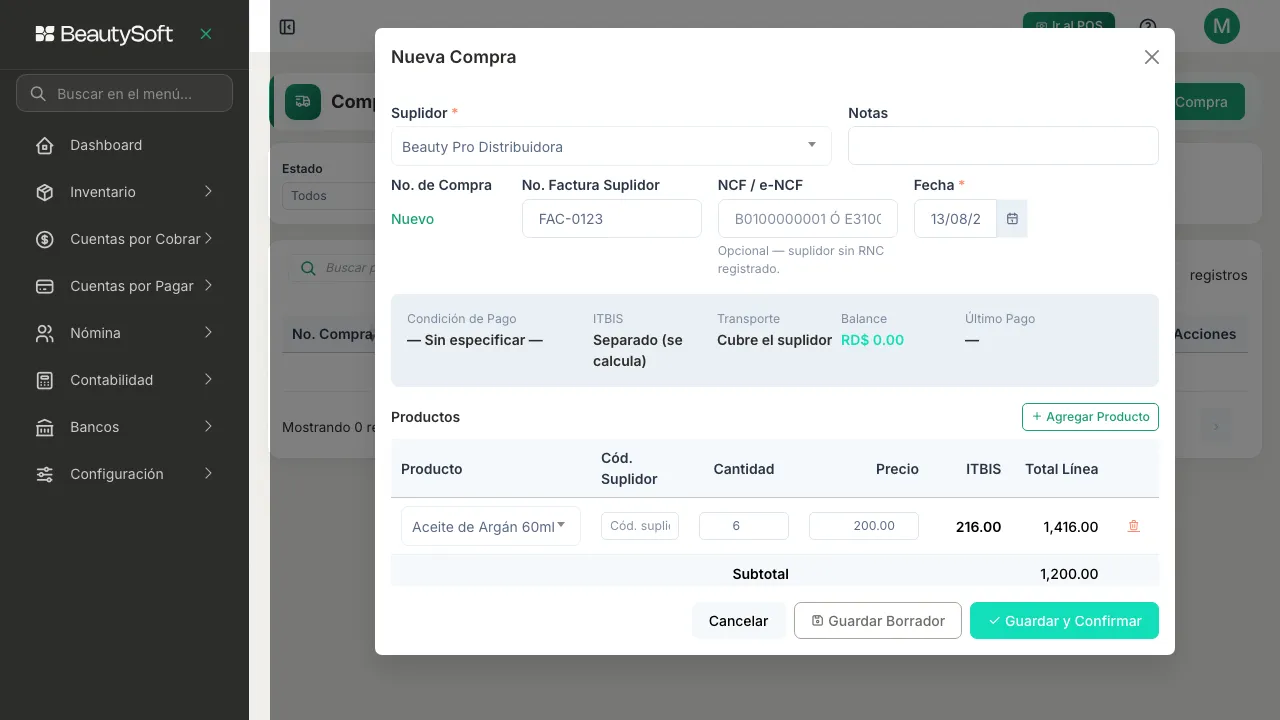 Compra con un producto agregado, su cantidad y su costo, y los totales calculados abajo