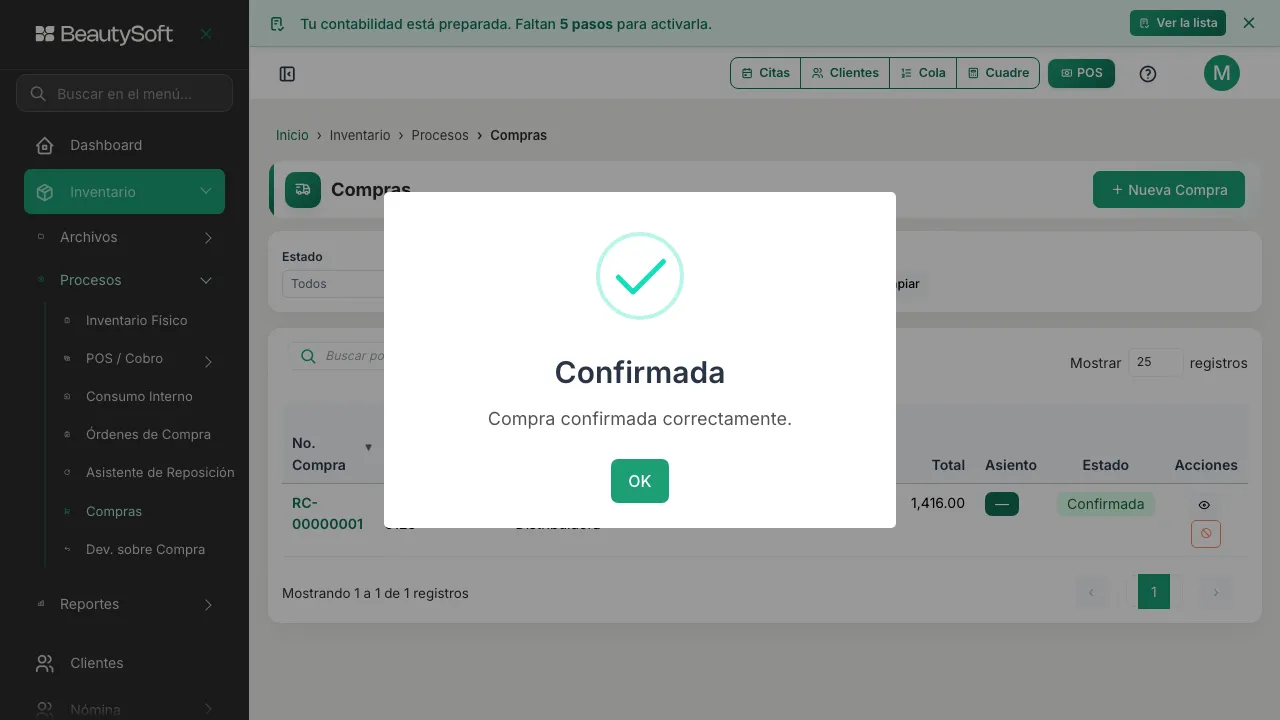 Mensaje que confirma que la compra fue registrada y entró al inventario