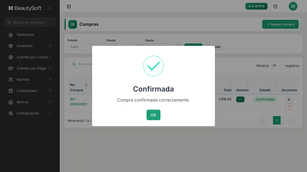 Mensaje que confirma que la compra fue registrada y entró al inventario