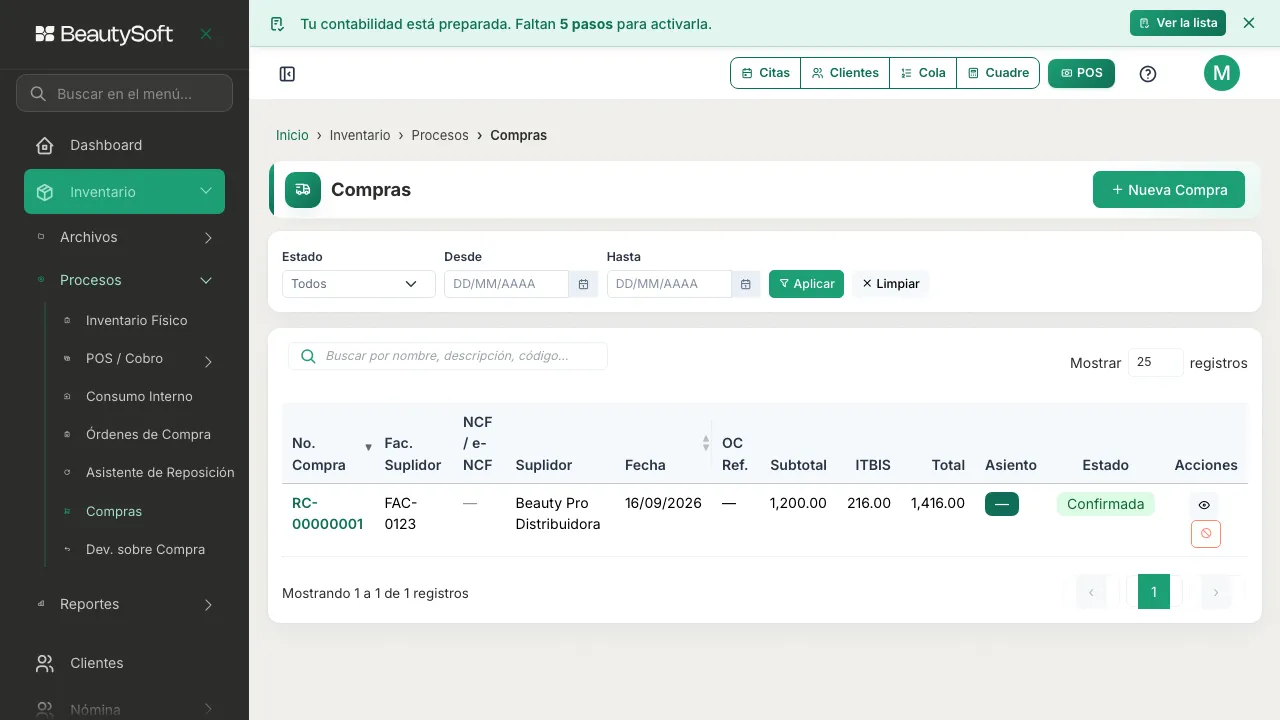 Historial de compras con la compra recién hecha en estado Confirmada