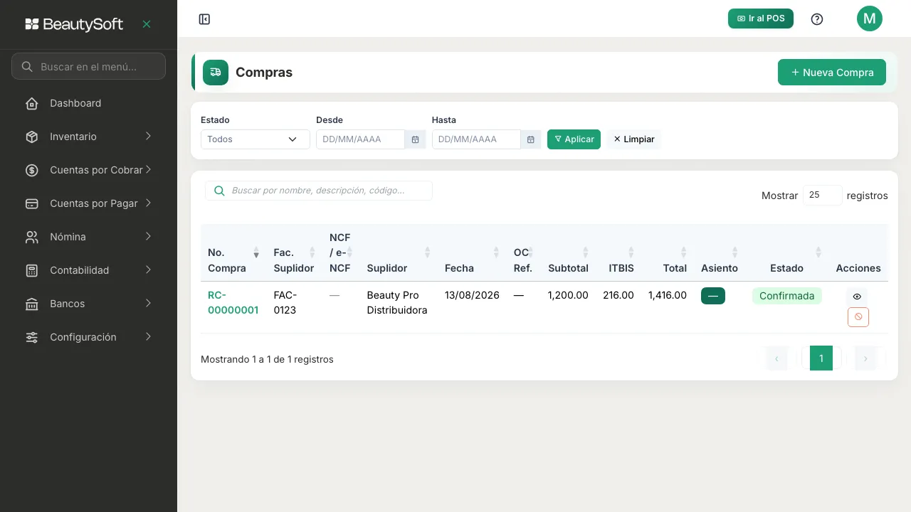 Historial de compras con la compra recién hecha en estado Confirmada