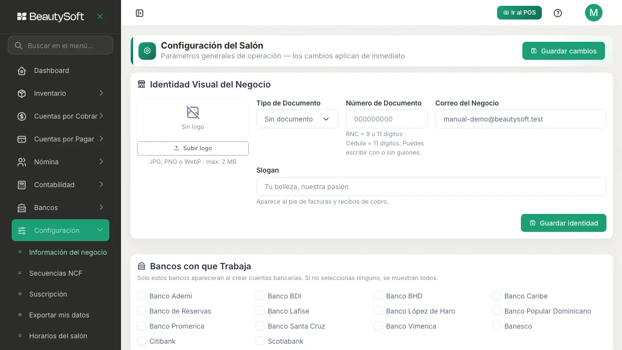 Pantalla de Configuración del Salón con la tarjeta Identidad Visual del Negocio: tipo y número de documento, correo del negocio y slogan