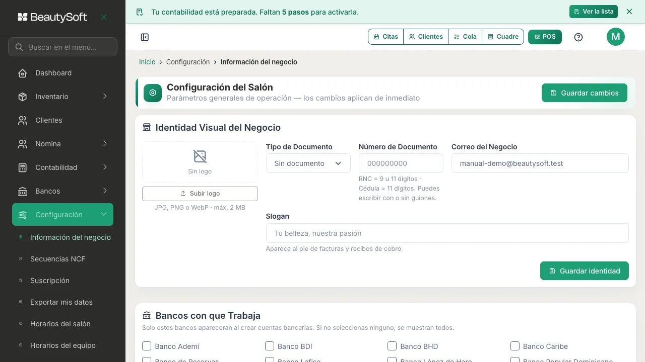 Pantalla de Configuración del Salón con la tarjeta Identidad Visual del Negocio: tipo y número de documento, correo del negocio y slogan