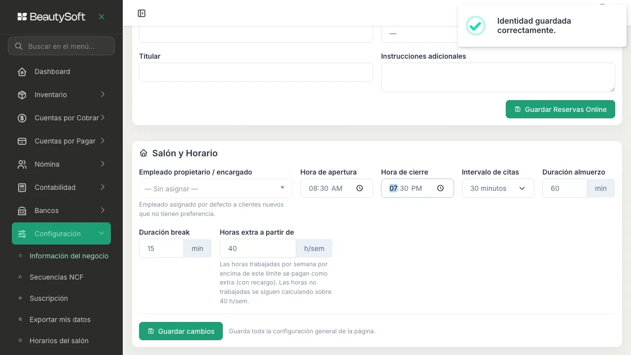 Tarjeta Salón y Horario con hora de apertura, hora de cierre, intervalo de citas, duración de almuerzo y de break, y horas extra a partir de