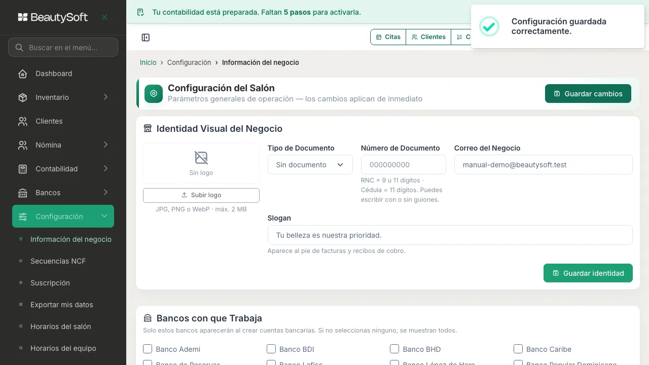 Mensaje Configuración guardada correctamente en la parte de arriba de la pantalla
