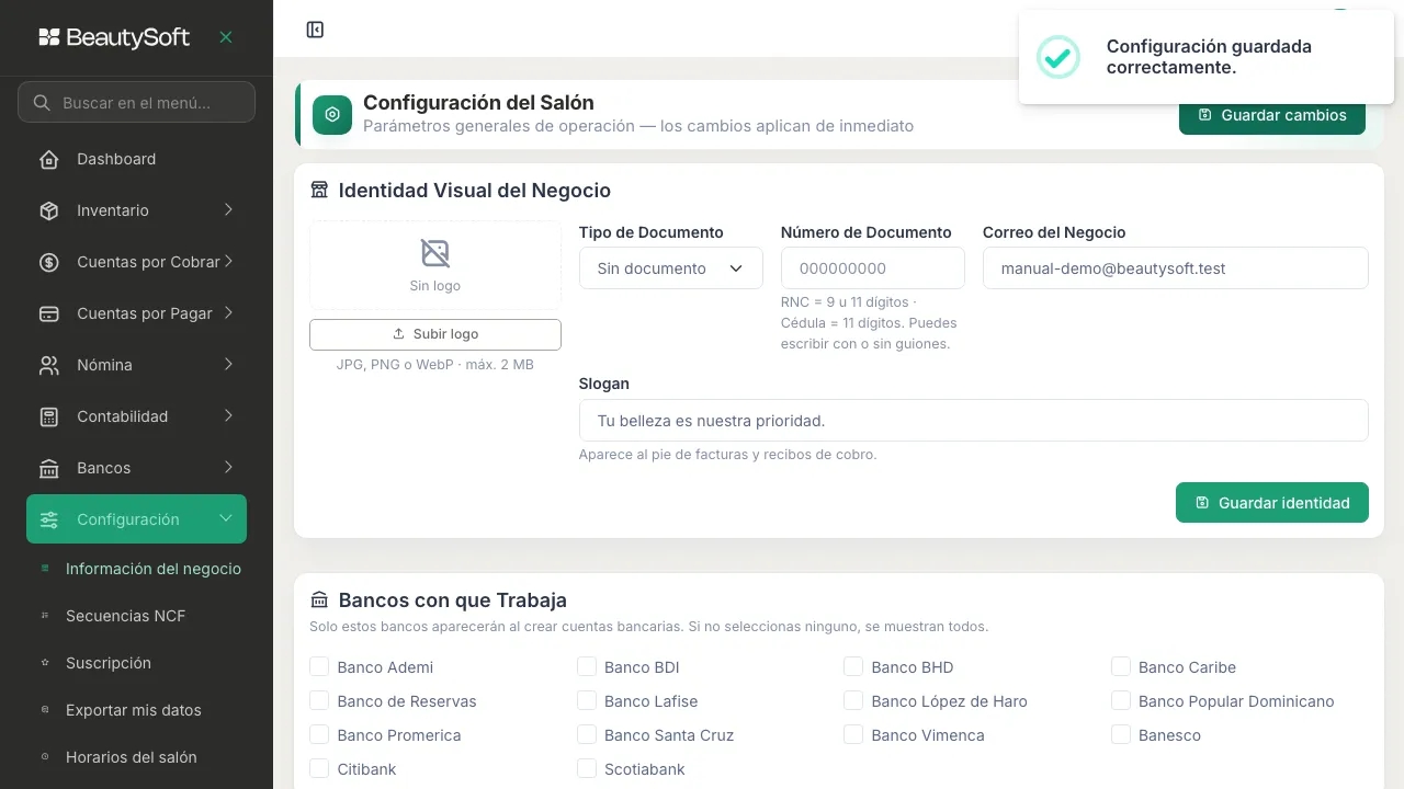 Mensaje Configuración guardada correctamente en la parte de arriba de la pantalla
