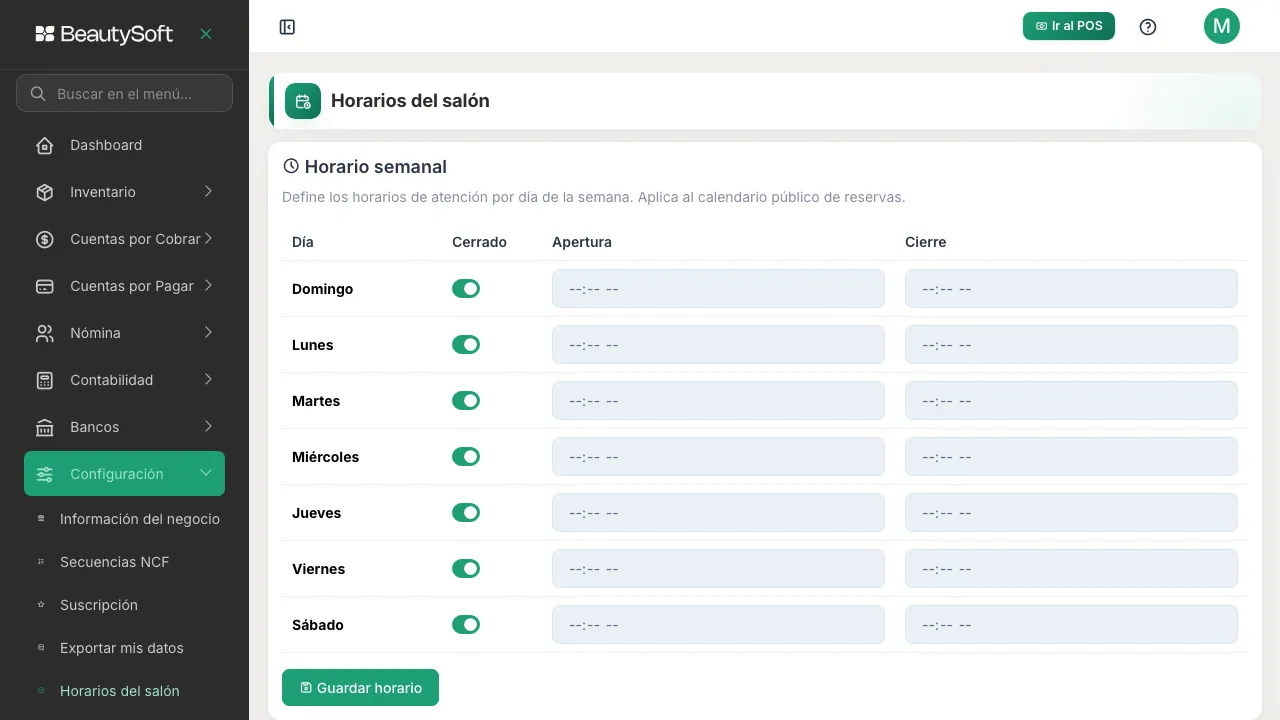 Tabla Horario semanal con un interruptor Cerrado por día y campos de Apertura y Cierre