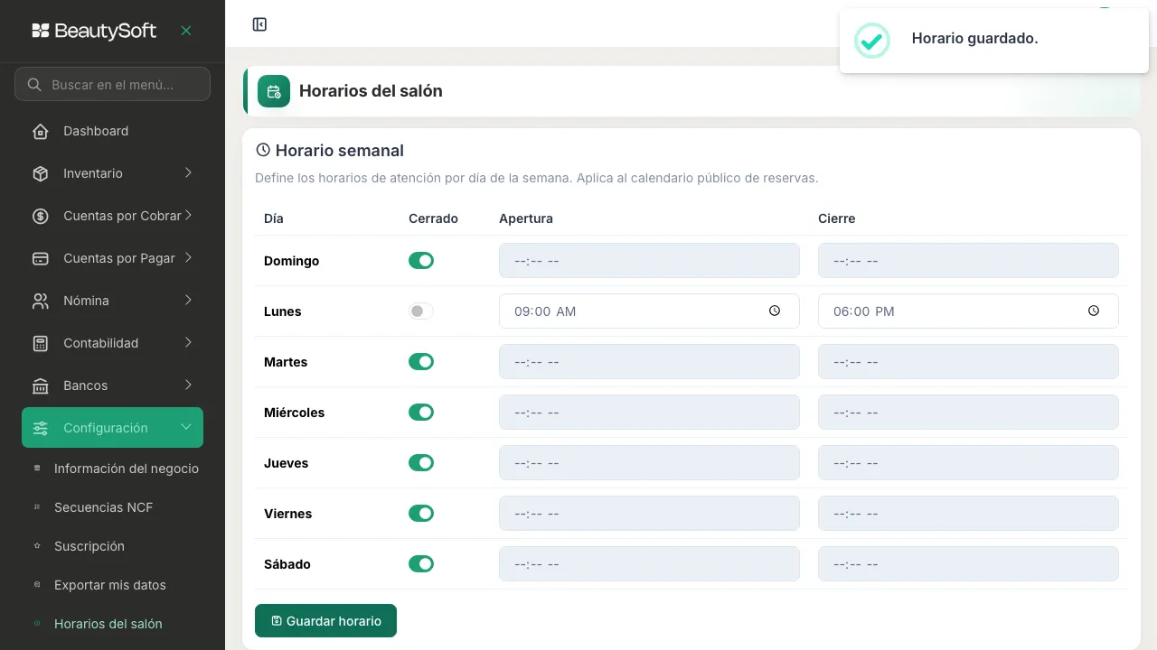 Mensaje Horario guardado sobre la tabla de horario semanal