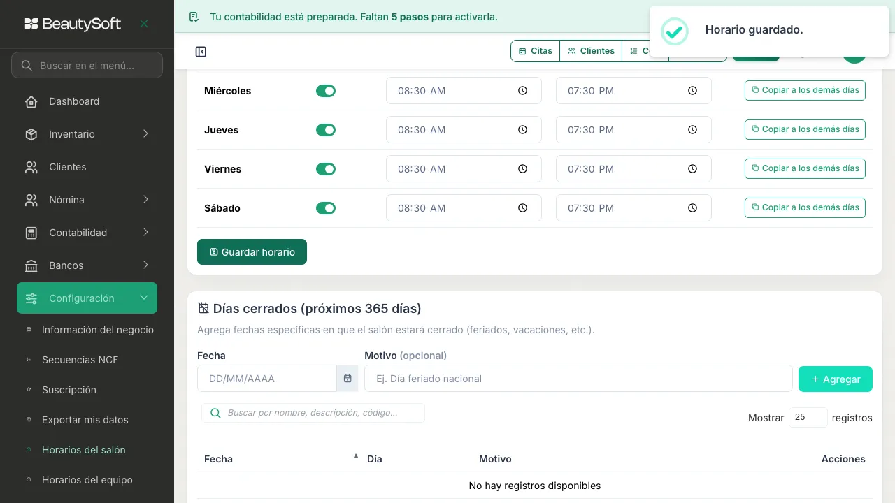 Mensaje Horario guardado sobre la tabla de horario semanal