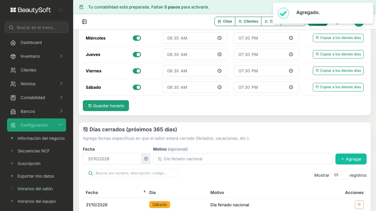 Sección Días cerrados con el campo Fecha, el Motivo opcional, el botón Agregar y la tabla de fechas ya agregadas