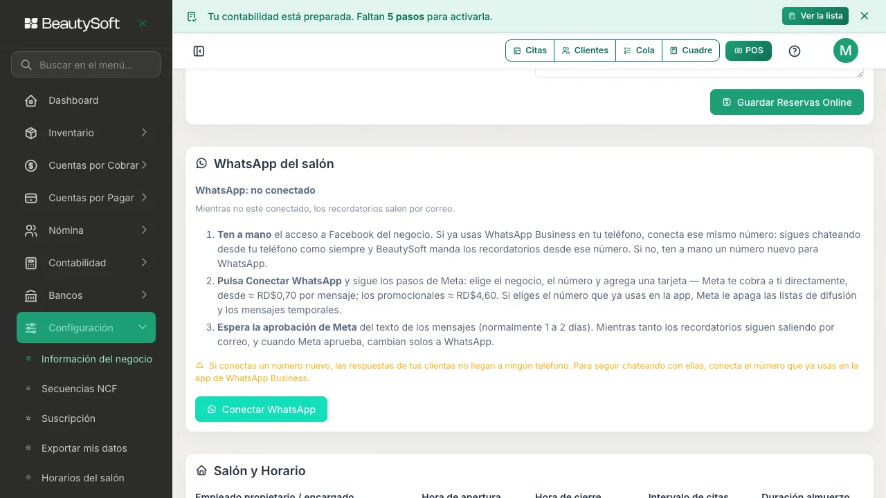 Tarjeta WhatsApp del salón sin conectar, con los pasos para conectar y el botón Conectar WhatsApp