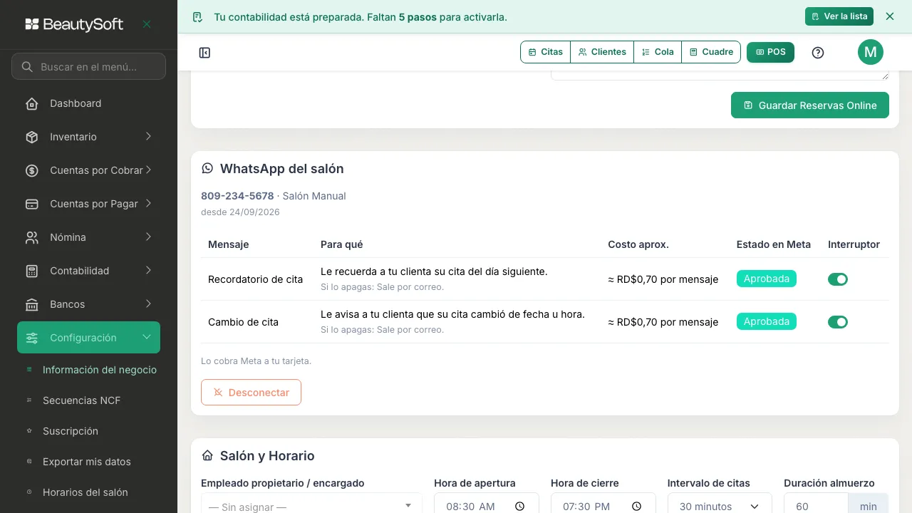 Tarjeta WhatsApp del salón conectada, con el número, el nombre verificado, la fecha de conexión y el botón Desconectar