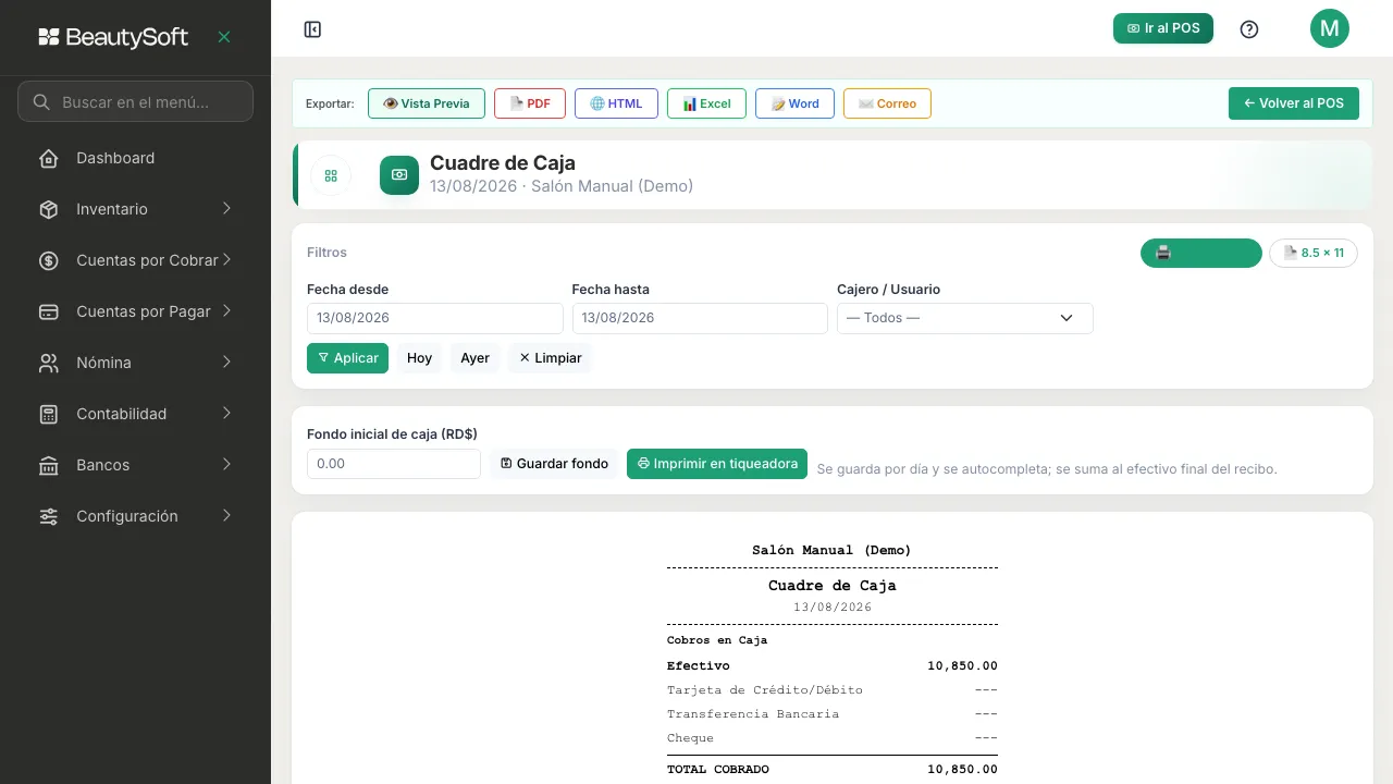 Pantalla de Cuadre de Caja filtrada al día de hoy, con el fondo inicial de caja y el inicio del reporte de cobros en efectivo, tarjeta y transferencia