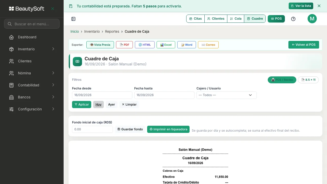 Filtros del Cuadre de Caja con el botón Hoy activado, junto a fecha desde, fecha hasta y el filtro de cajero