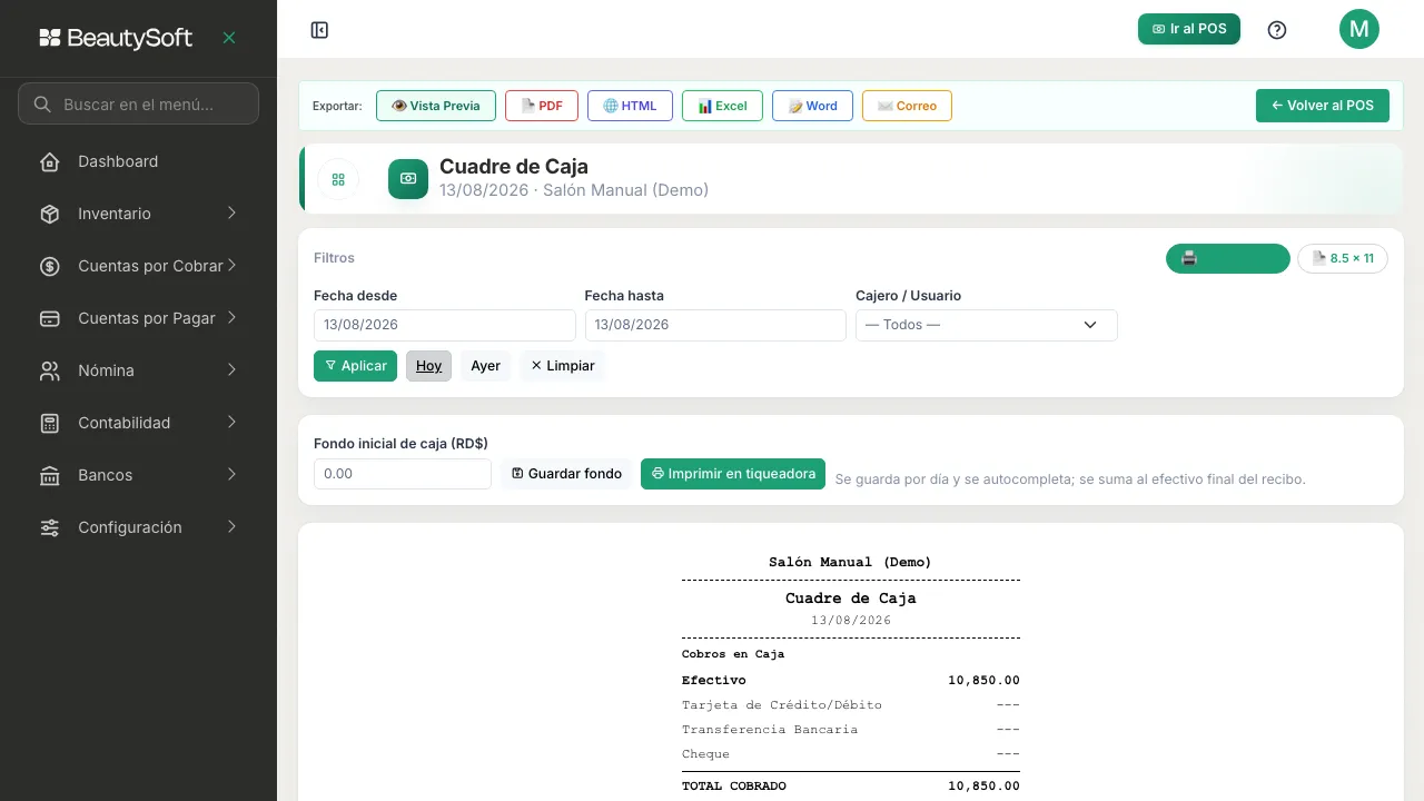 Filtros del Cuadre de Caja con el botón Hoy activado, junto a fecha desde, fecha hasta y el filtro de cajero