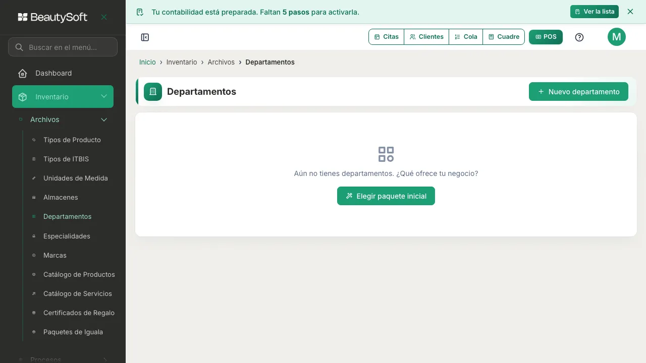 Pantalla de Departamentos vacía, con el mensaje Aún no tienes departamentos y el botón Elegir paquete inicial