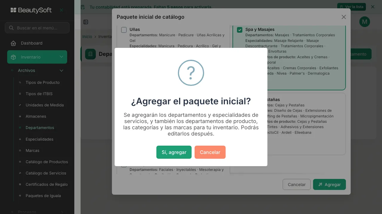 Pregunta Agregar el paquete inicial, con los botones Sí agregar y Cancelar