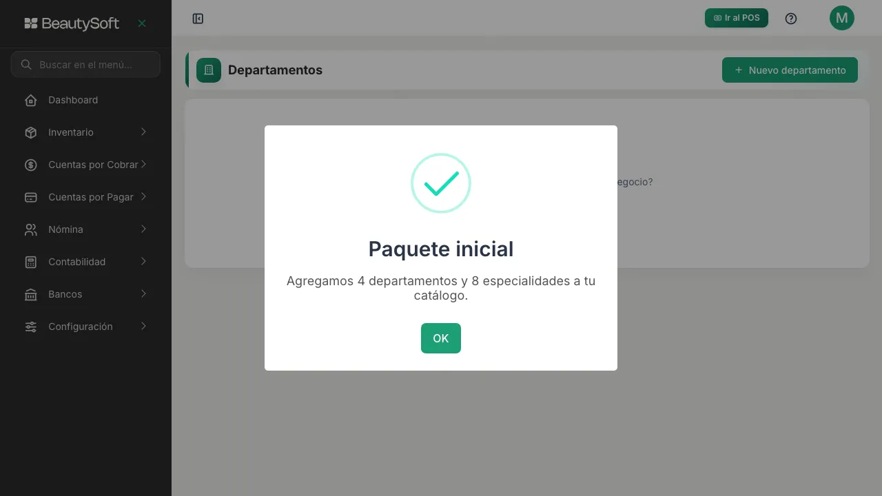Mensaje Paquete inicial diciendo cuántos departamentos y especialidades se agregaron