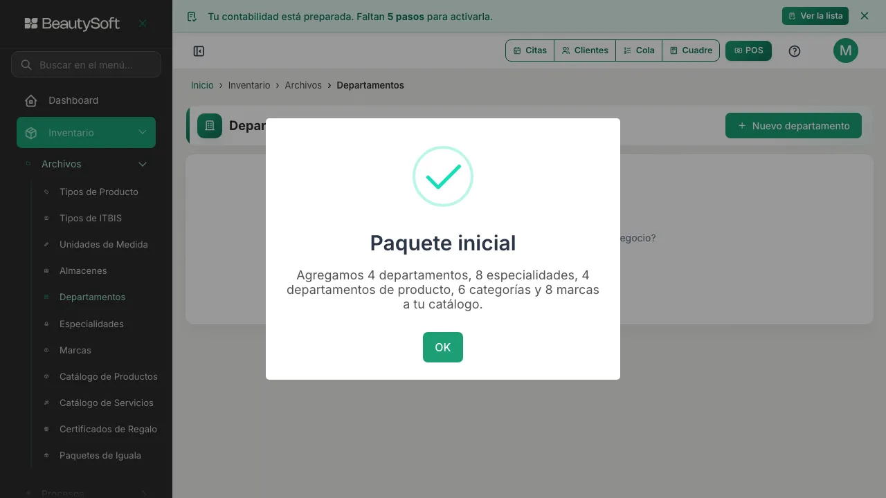 Mensaje Paquete inicial diciendo cuántos departamentos y especialidades se agregaron