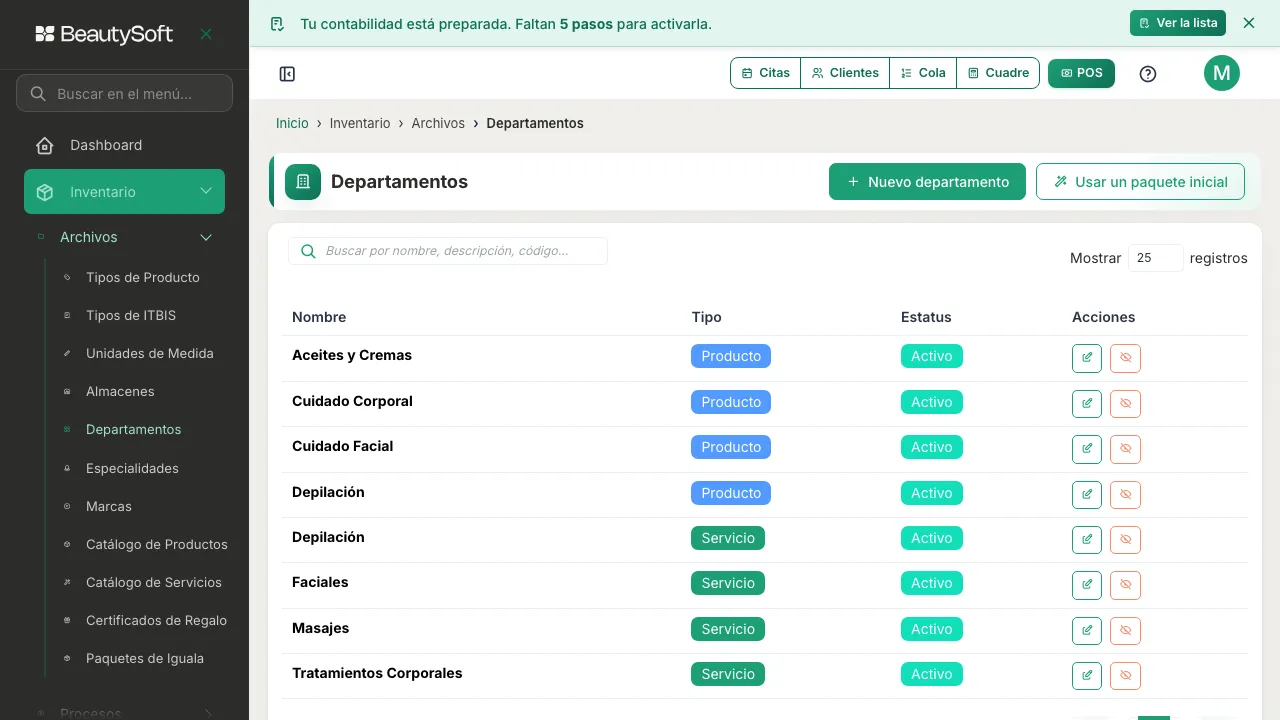 Pantalla de Departamentos con los cuatro departamentos que creó el paquete, todos de tipo Servicio