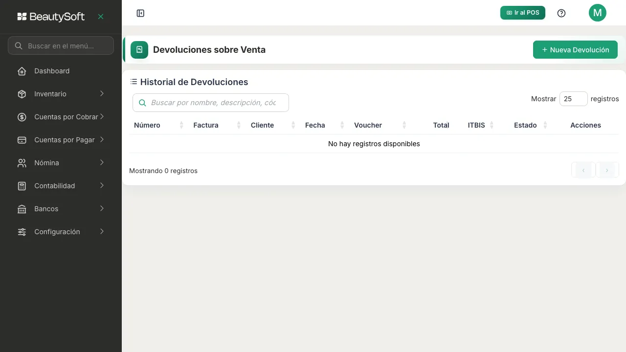 Pantalla de Devoluciones sobre Venta con el historial de devoluciones y el botón Nueva Devolución