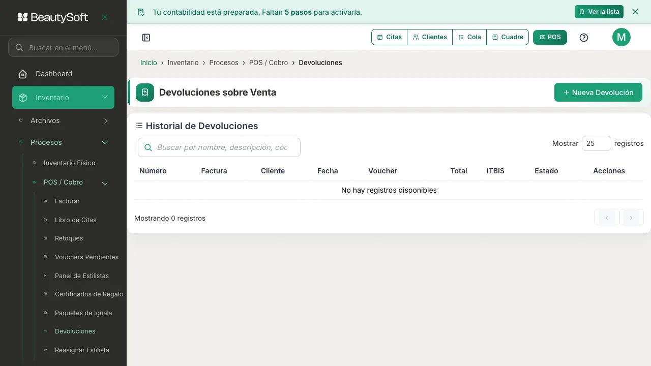 Pantalla de Devoluciones sobre Venta con el historial de devoluciones y el botón Nueva Devolución
