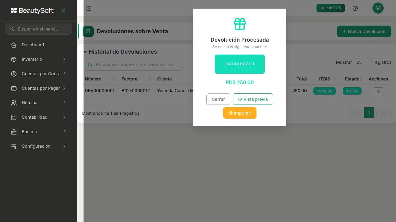 Ventana de devolución procesada con el código del voucher, el monto y los botones Cerrar, Vista previa e Imprimir